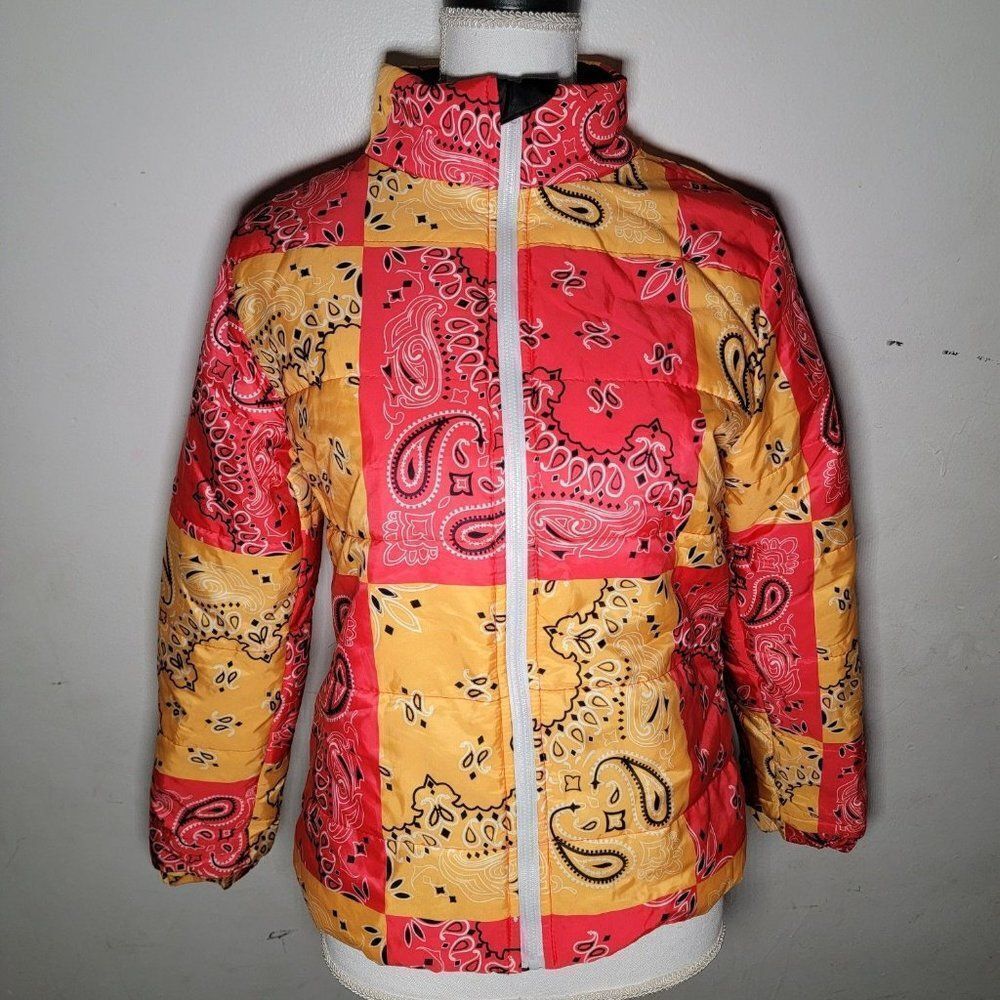 Shein Womens Red Yellow Patch Bandana High Neck Zip Up Bubble Coat Jacket Size S